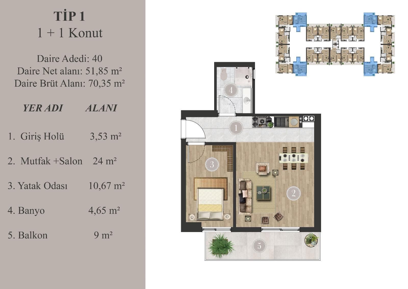 Hasbağ Niva 1+1 daire kat planı