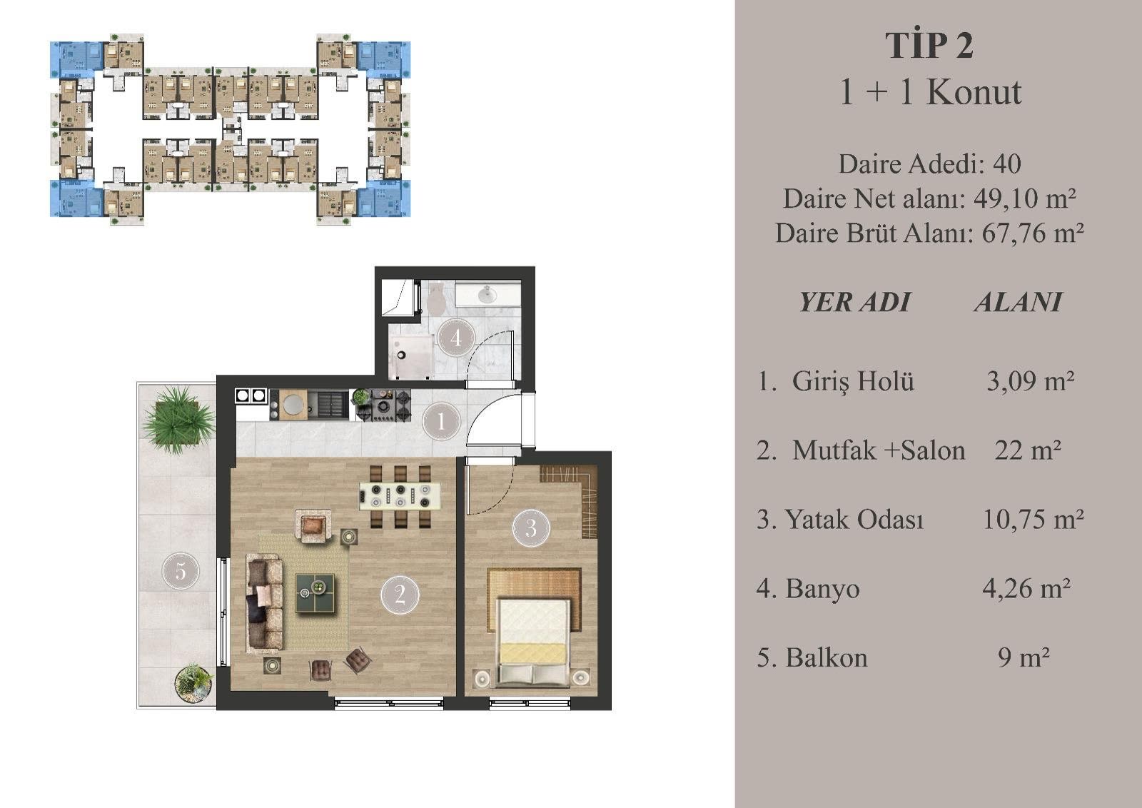 Hasbağ Niva 1+1 daire kat planı