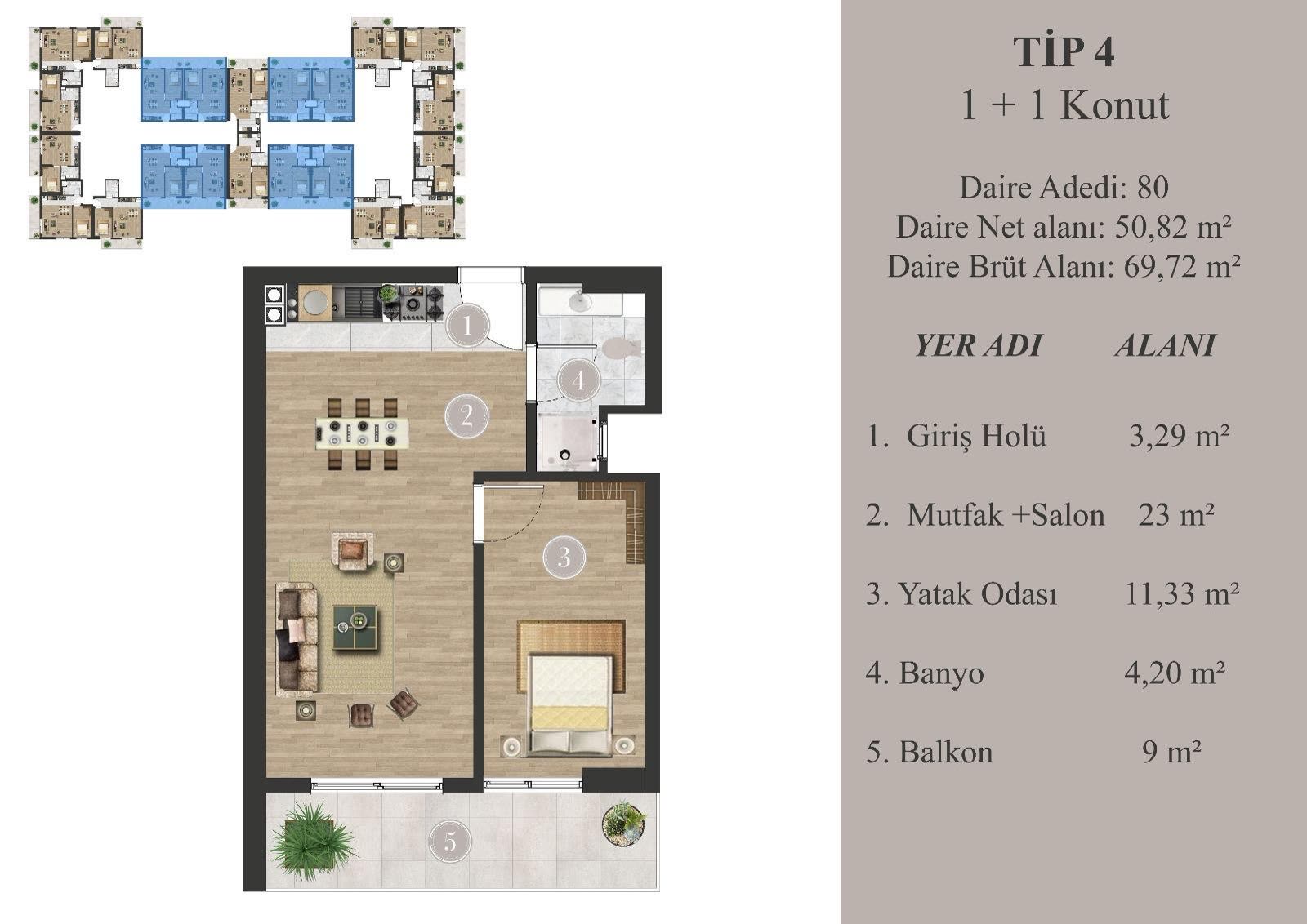 Hasbağ Niva 1+1 daire kat planı