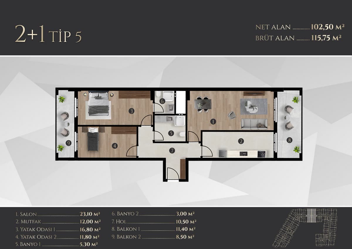 Tefka Prime 2+1 · Tip 5 daire kat planı